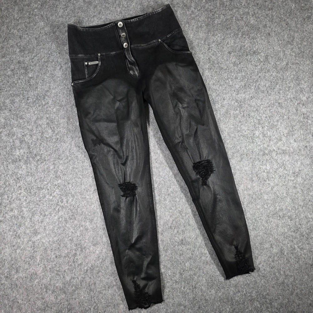 Freddy‎ WRUP Shaping Pants Black Denim Coated Distressed High Waist Skinny US 10